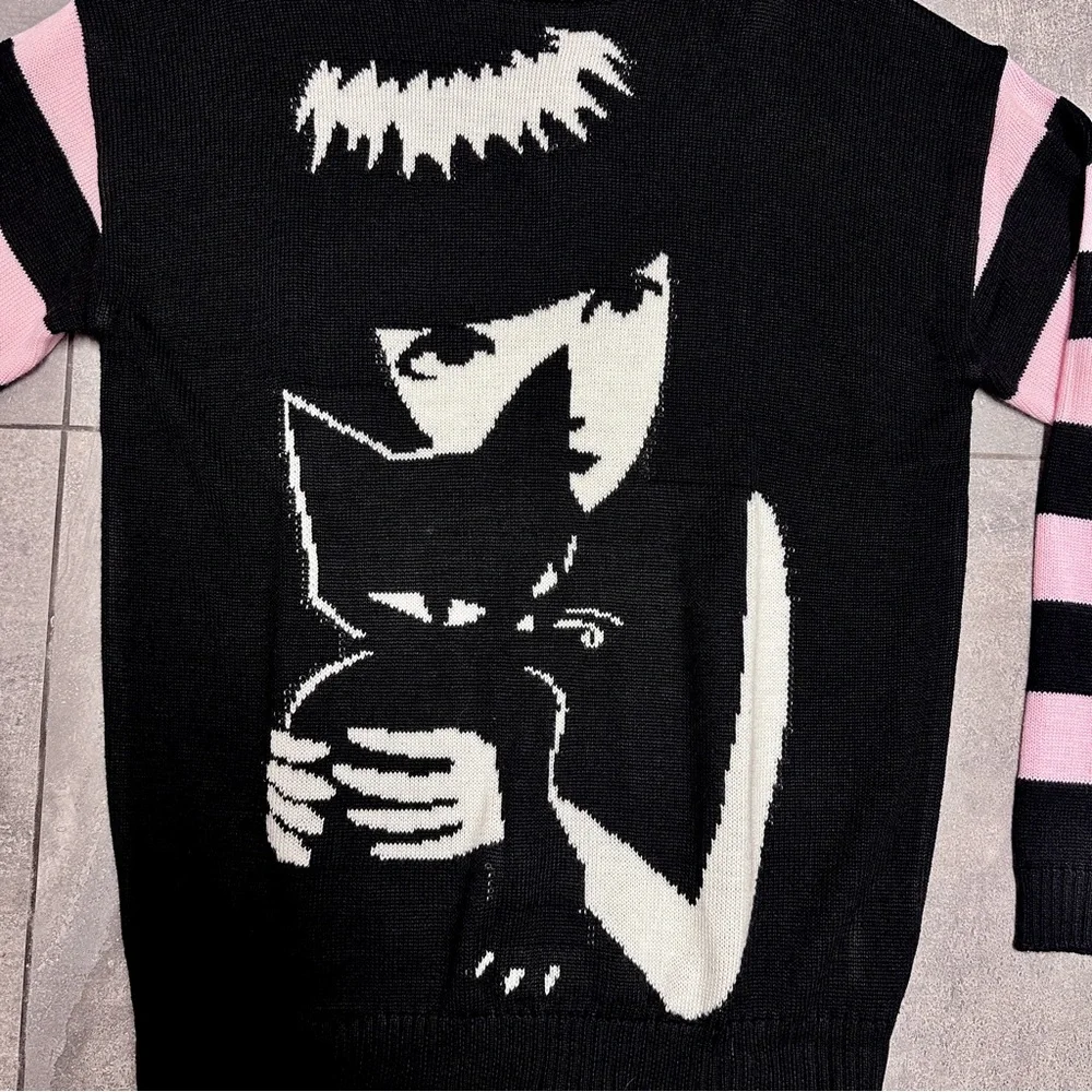 Dolls Kill Emily The Strange Brooding Besties Stripe Knit Sweater Pink Black Cat - Picture 5 of 8